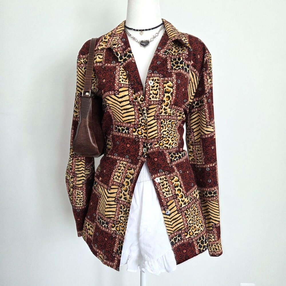 90s Animal Patchwork Button Down Top‎ Medium Leopard Tiger Print Red Funky Boho